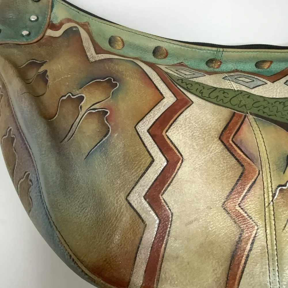 Anuschka Hand Painted Leather Hobo Purse‎ Shoulder Bag Whimsical Artsy Abstract